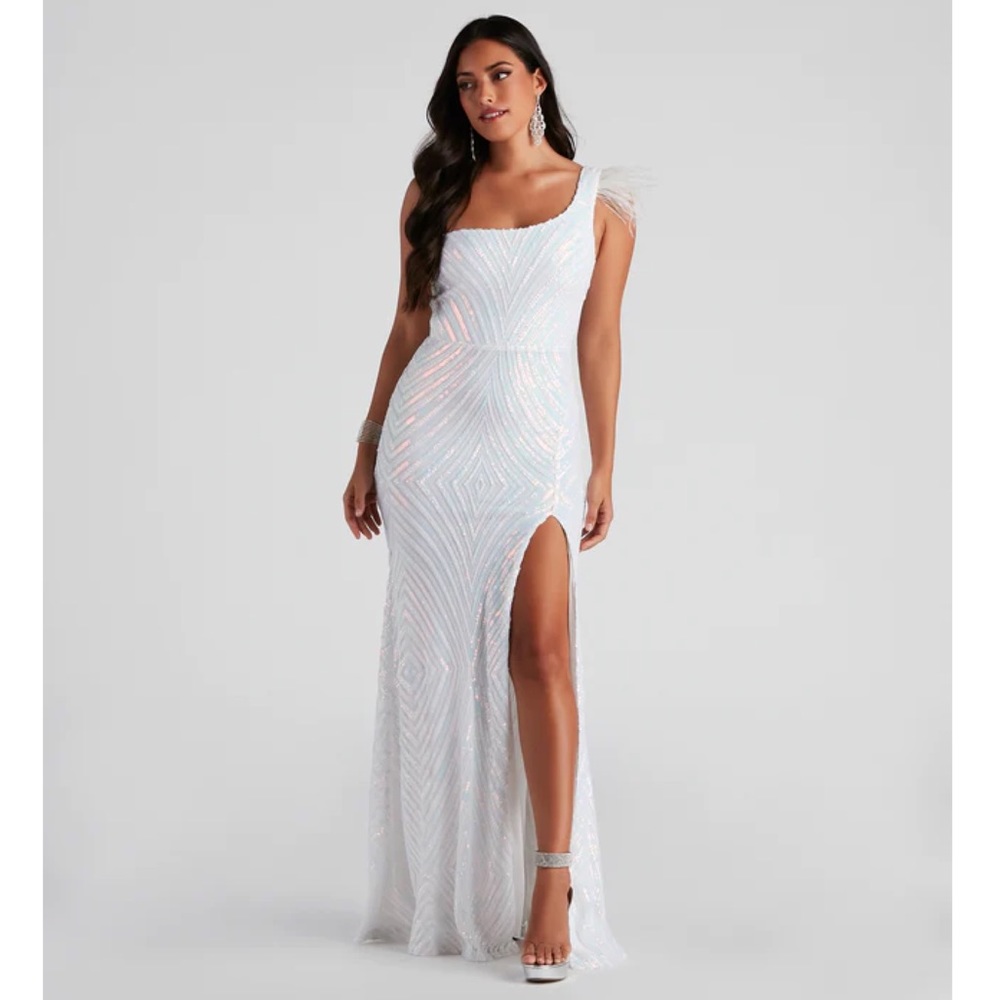 White Formal Sequin Feather Dress